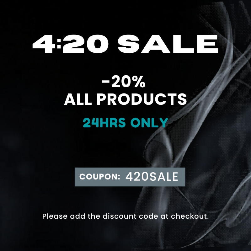 Promotional graphic for a 4:20 sale with a discount code on a black background.
