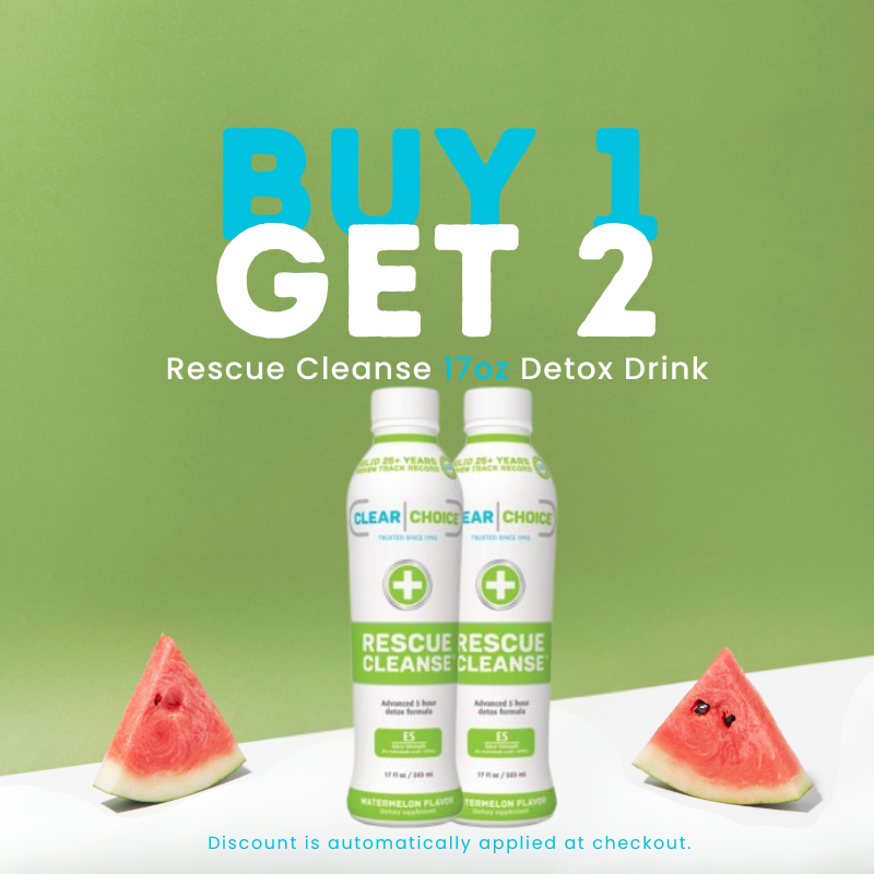 Promotional graphic for Clear Choice Rescue Cleanse 17 oz detox drink with watermelons and green leaves on a dark green background.