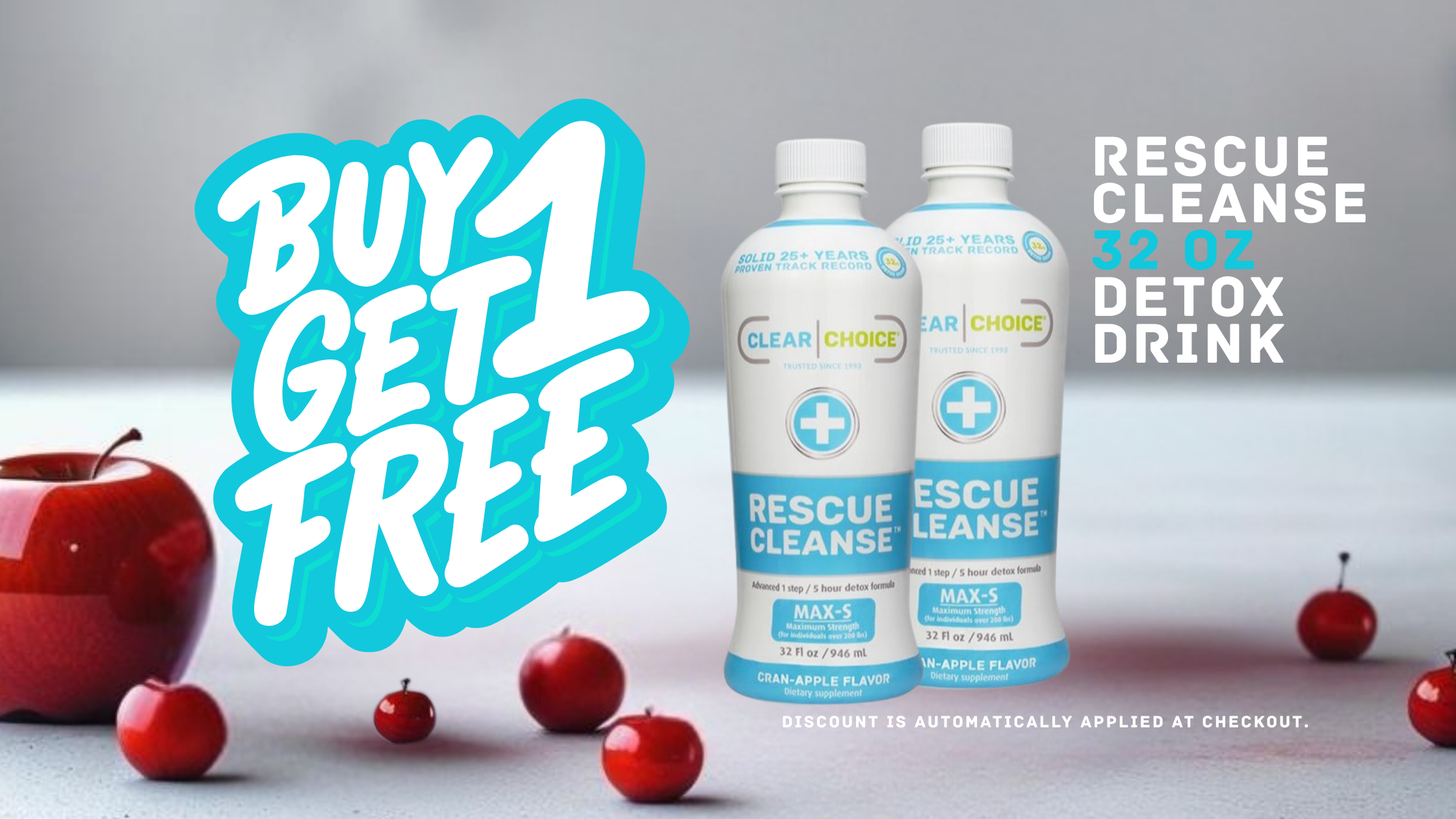 Two bottles of Clear Choice Brand Rescue Cleanse 32oz detox drink with watermelon slices on a green background, featuring a promotional offer, desktop image.