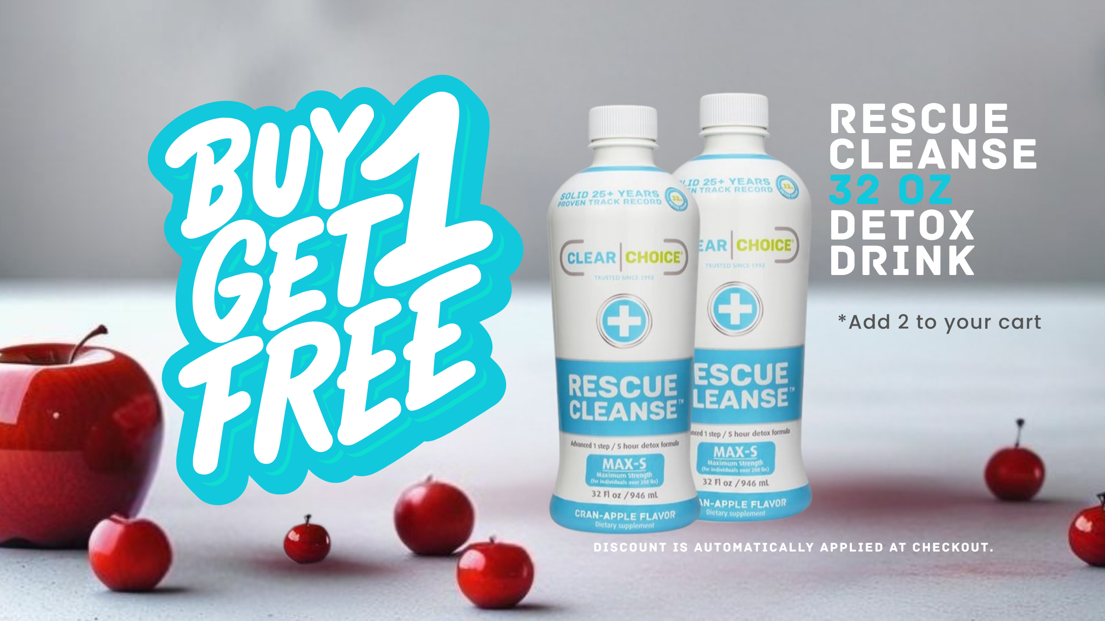 Two bottles of Clear Choice Brand Rescue Cleanse 32oz detox drink with watermelon slices on a green background, featuring a promotional offer, desktop image.