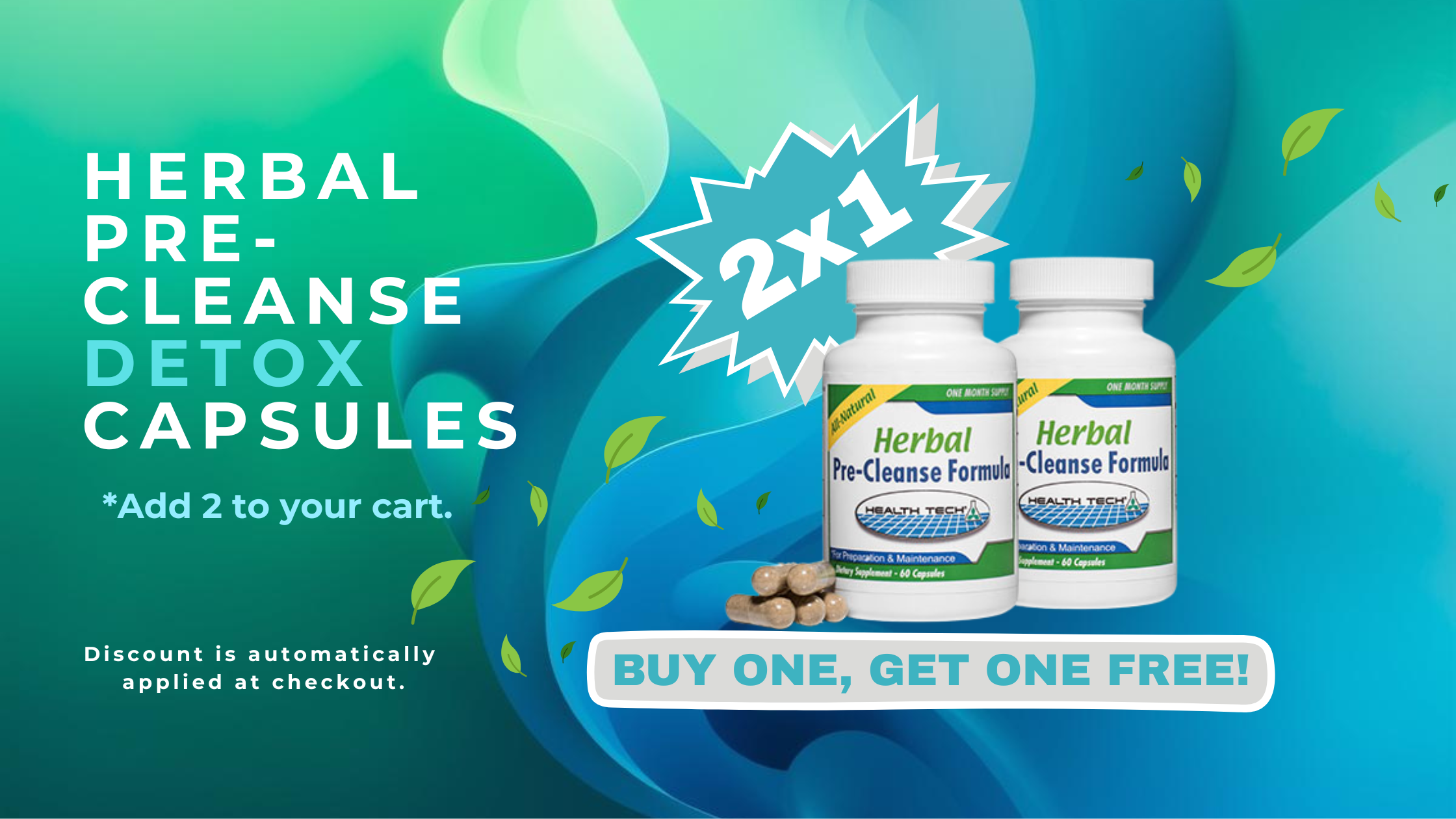 2x1 promo on Herbal pre-cleanse detox capsules on a blue and green background, image for desktop