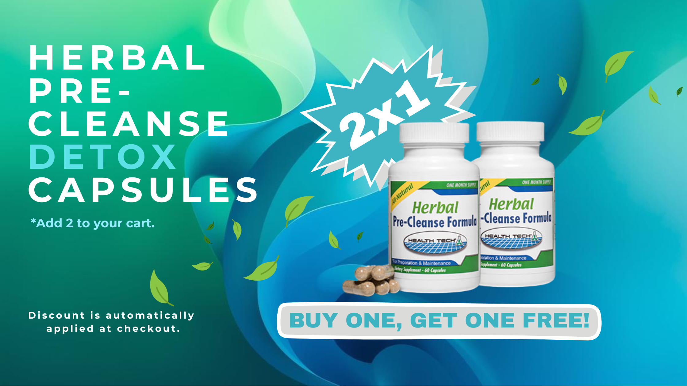 2x1 promo on Herbal pre-cleanse detox capsules on a blue and green background, image for desktop