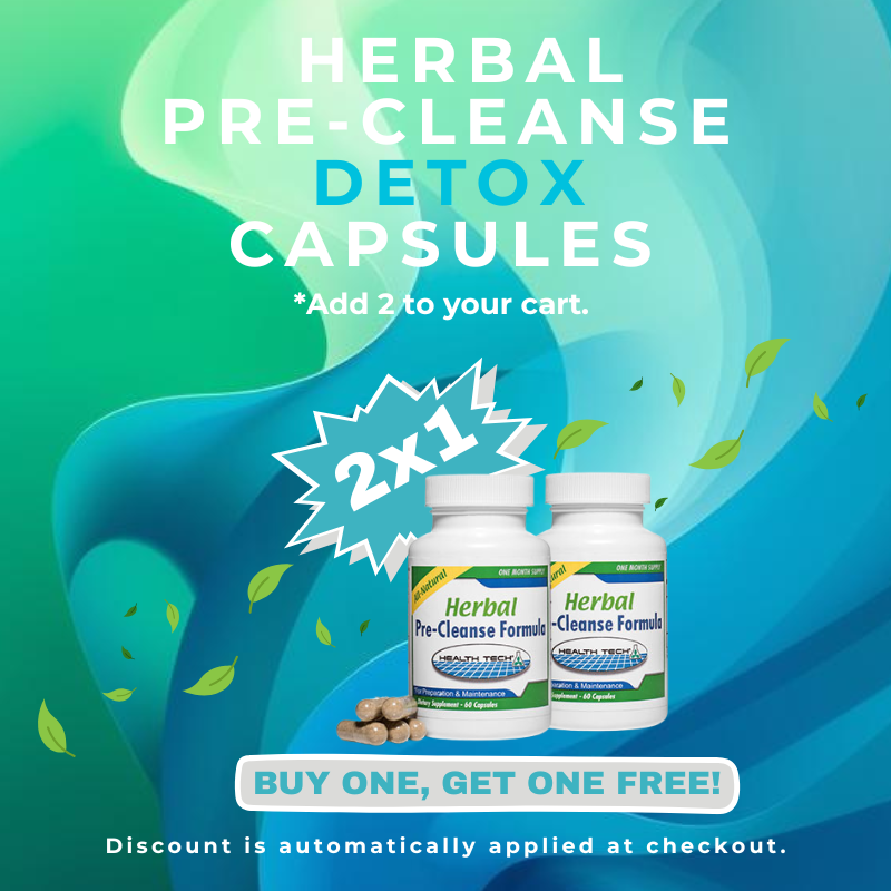 Herbal pre-cleanse detox capsules with promotional text on a green and blue background
