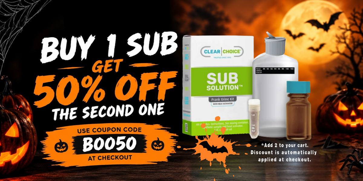 Promotional graphic for Clear Choice Sub Solution, Halloween-themed 'BUY 1 SUB GET 50% OFF THE SECOND ONE' with coupon code BO050.