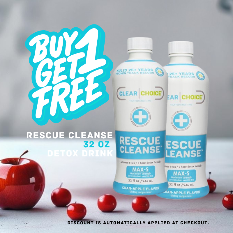 Two bottles of Clear Choice Brand Rescue Cleanse 32oz detox drink with watermelon slices on a green background, featuring a promotional offer, mobile image.